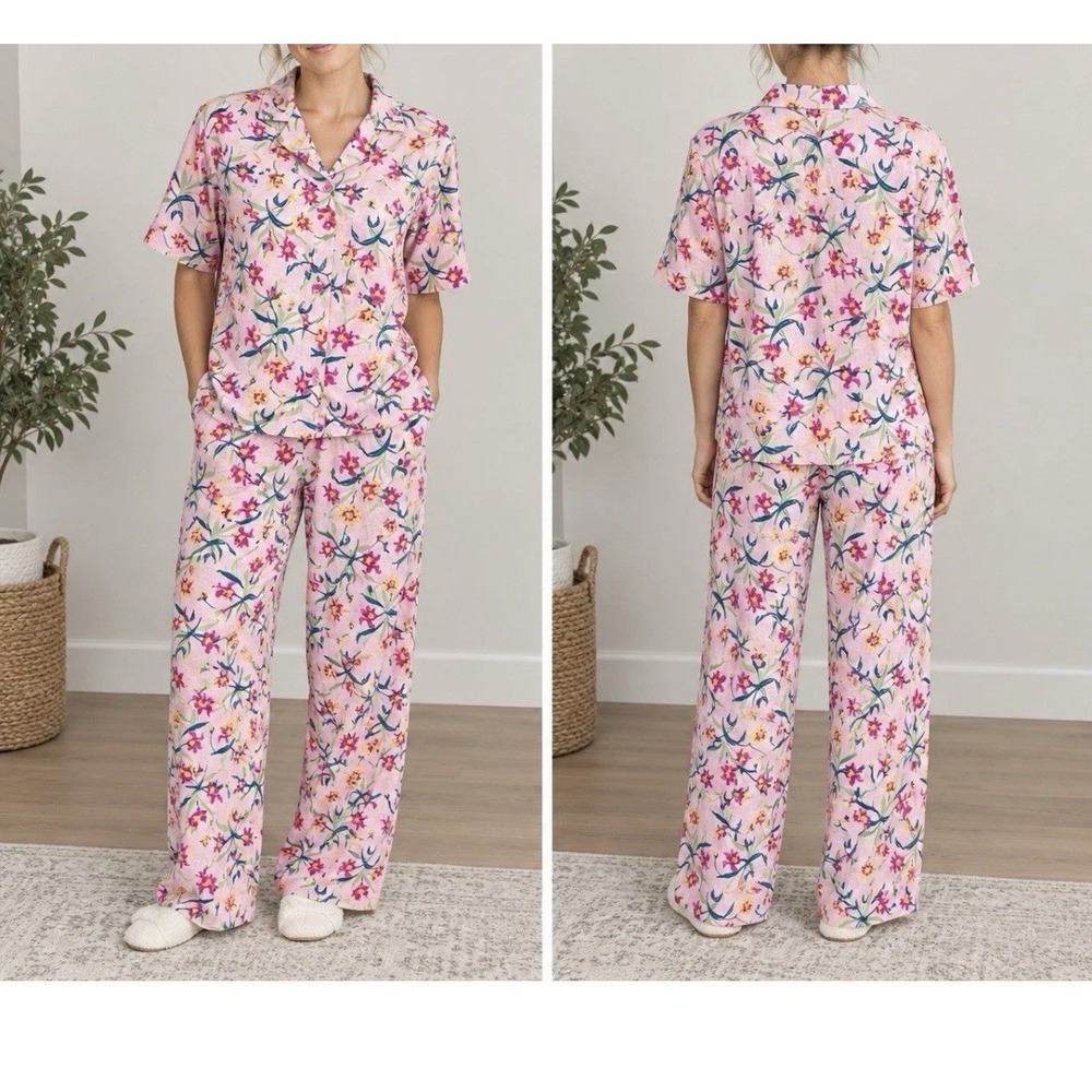 National 2 Piece Pajama Set Womens XL Pink Floral Lounge Relax House Patio New